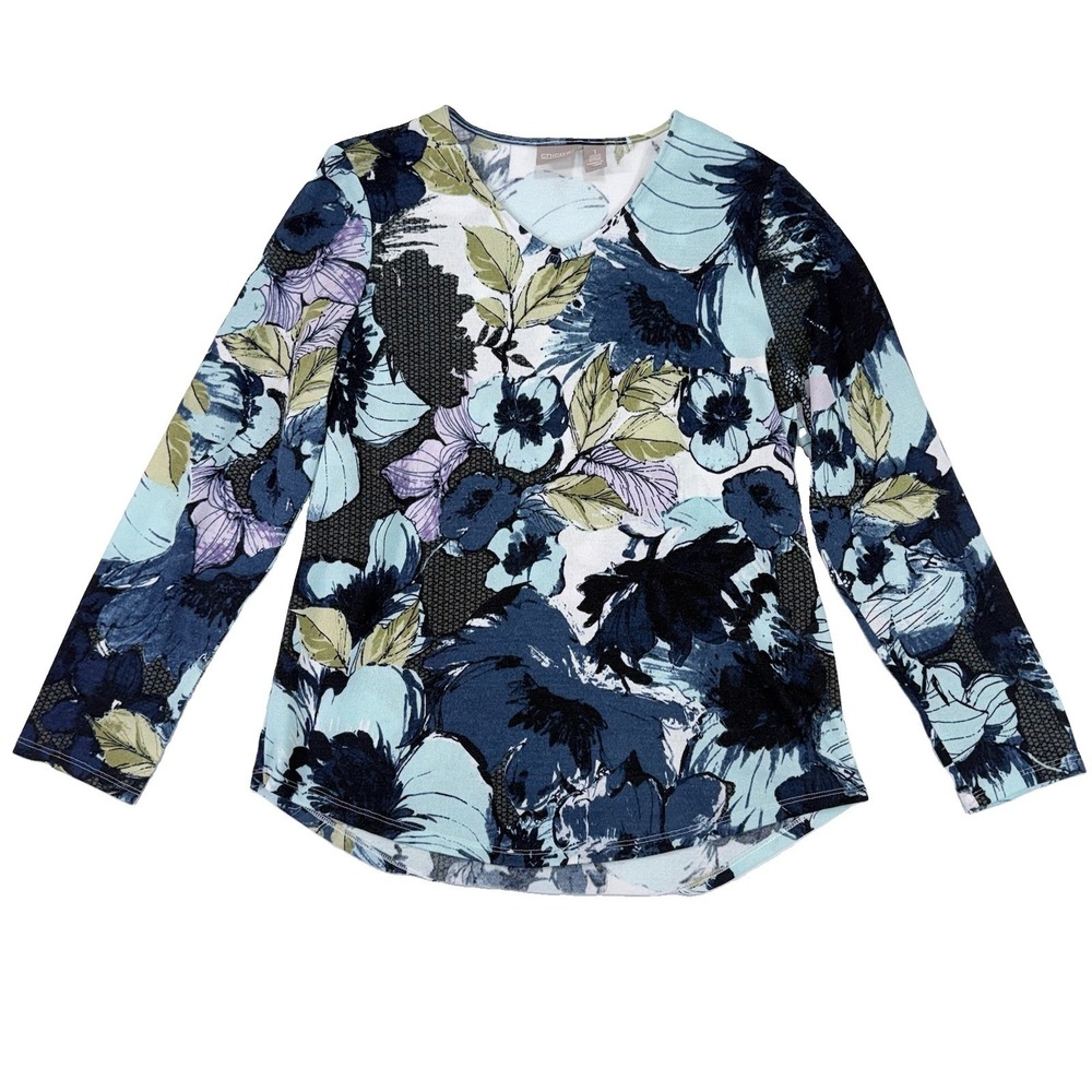 Chico's Womens Size 1 M 8-10 Blue Floral Watercolor Long Sleeve Stretch Top EUC